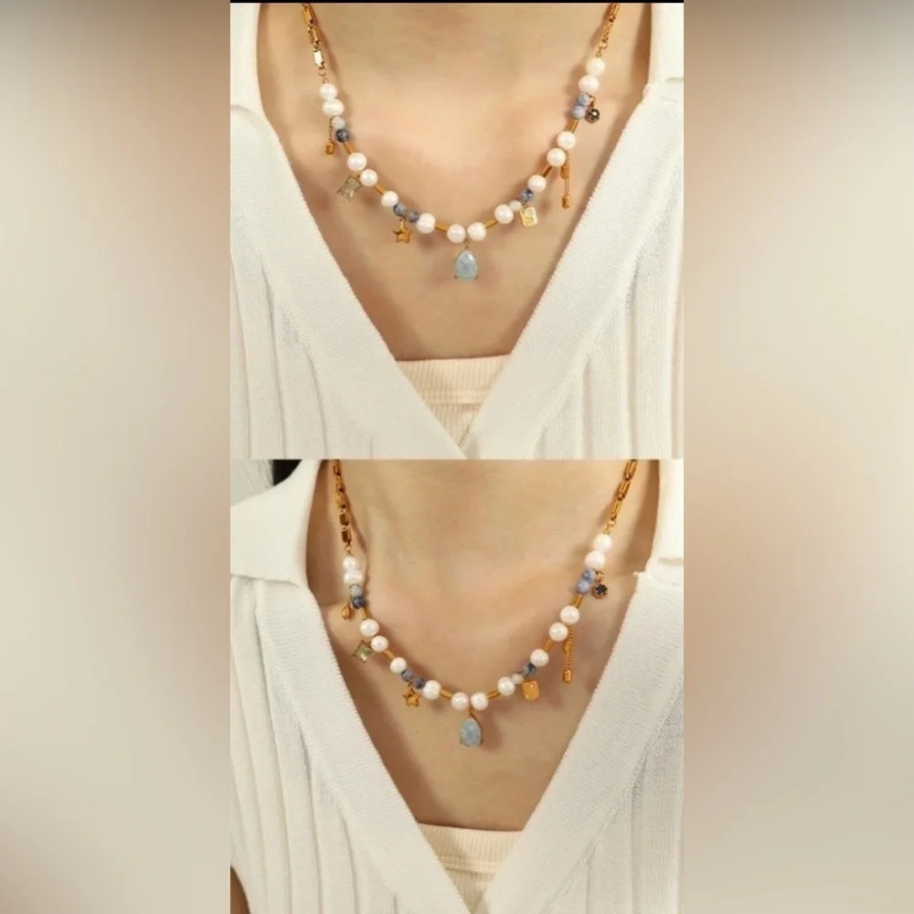 Gold and White Pearl Necklace with Blue Accents - Picture 4 of 5